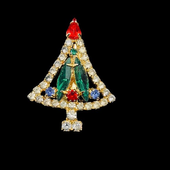 Vintage Hobe? Gold Tone Christmas Tree Brooch With Navette Stones (4768) - Picture 1 of 3
